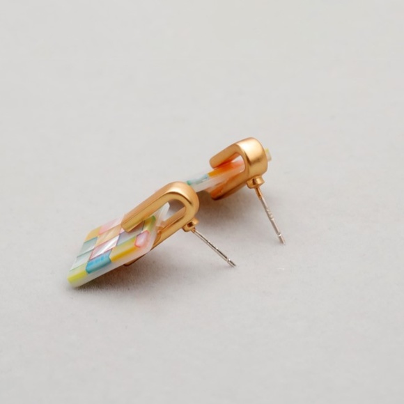 Handmade Mother of Pearl Earrings Geometric Quilted Pattern Earrings - Picture 4 of 8